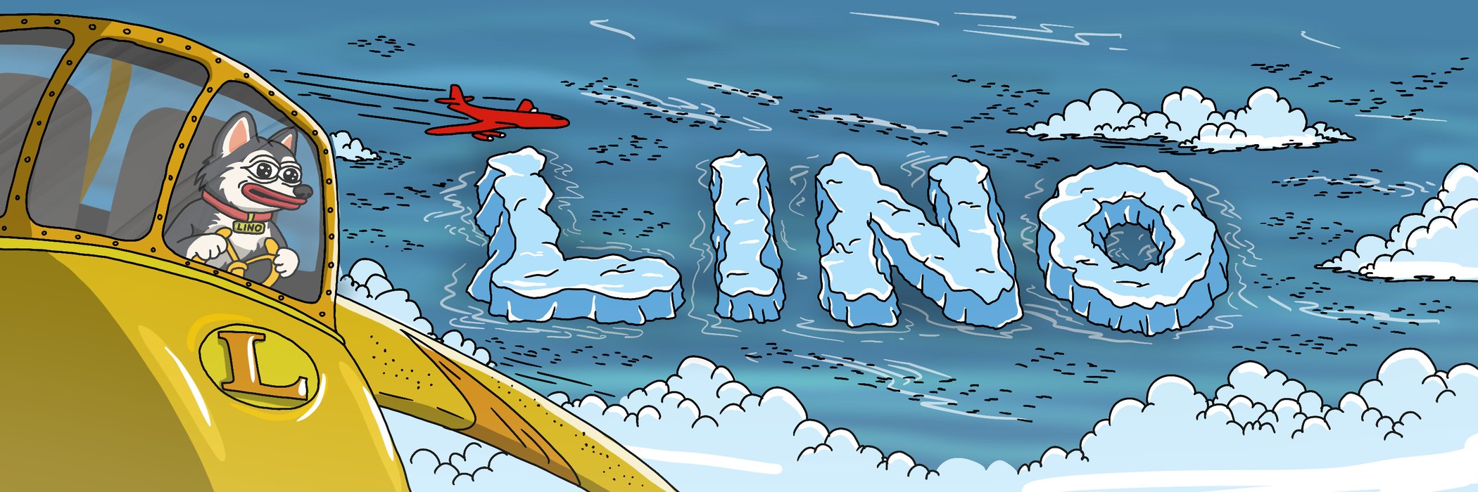 LINO piloting a yellow plane over the Antarctic ocean, the word LINO spelled out in icebergs