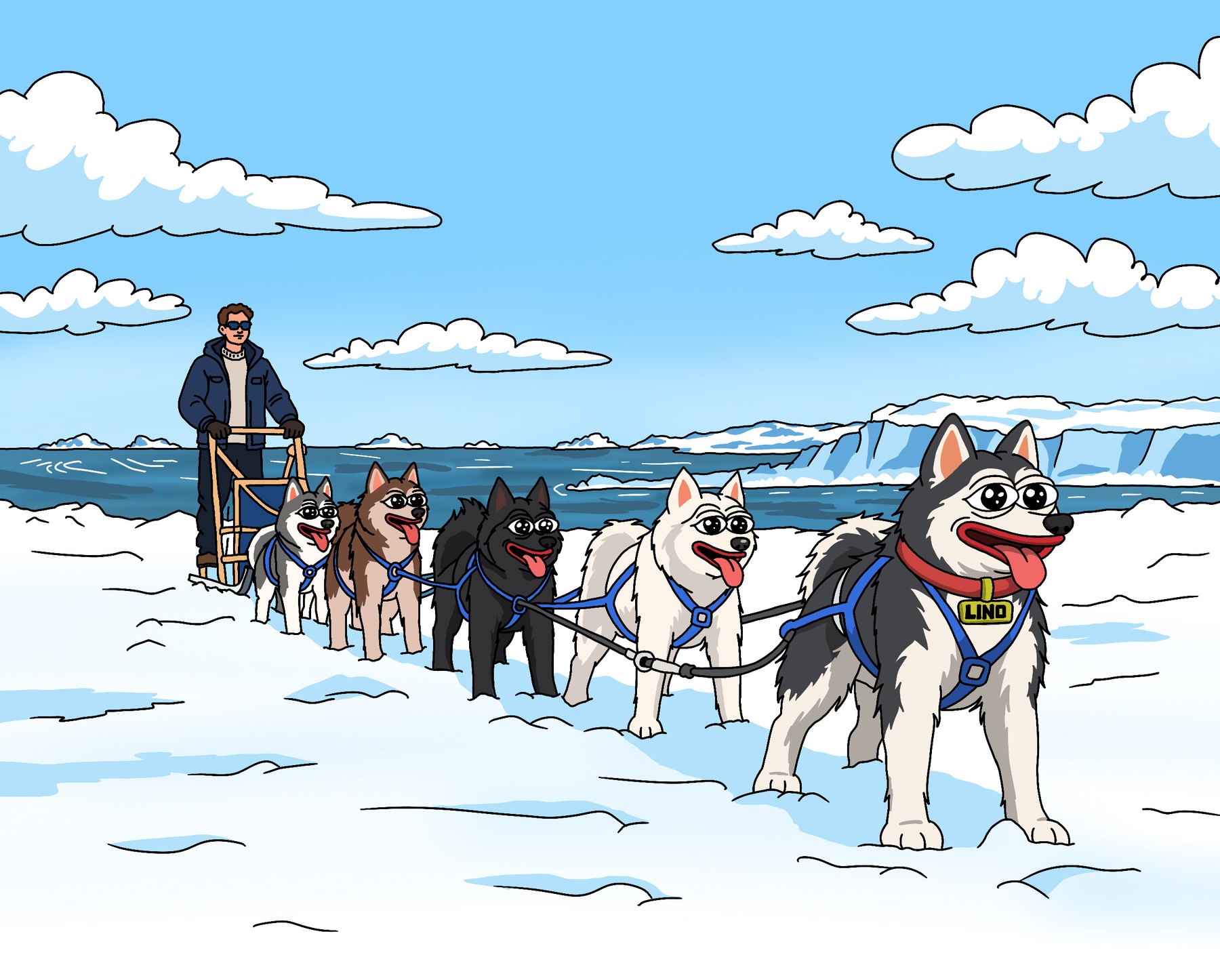 Cartoon version: LINO leading a five-dog sled team across the Antarctic ice